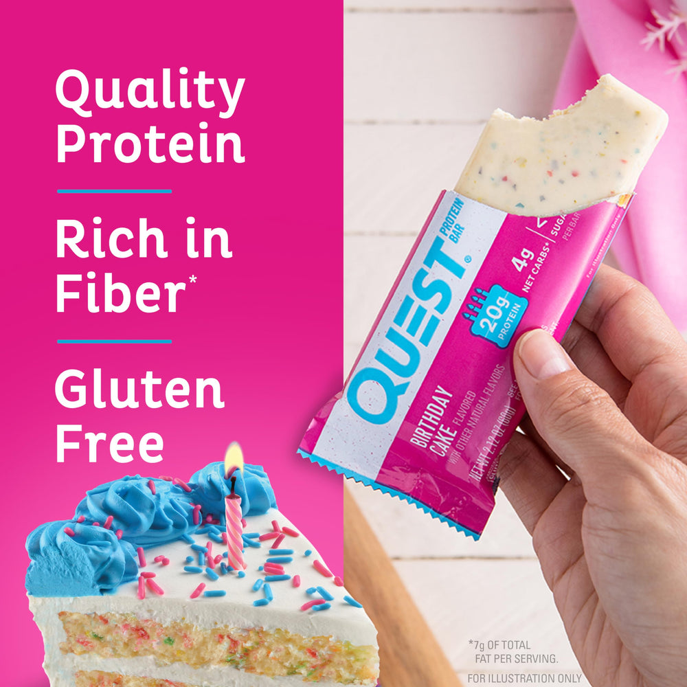 Nutrition facts for Quest Birthday Cake Bar highlighting 21g protein and 4g net carbs.