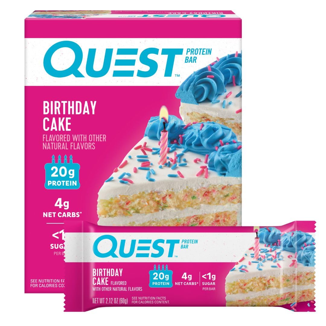 Quest Birthday Cake Bar packaging showing four individually wrapped bars for on-the-go fuel.