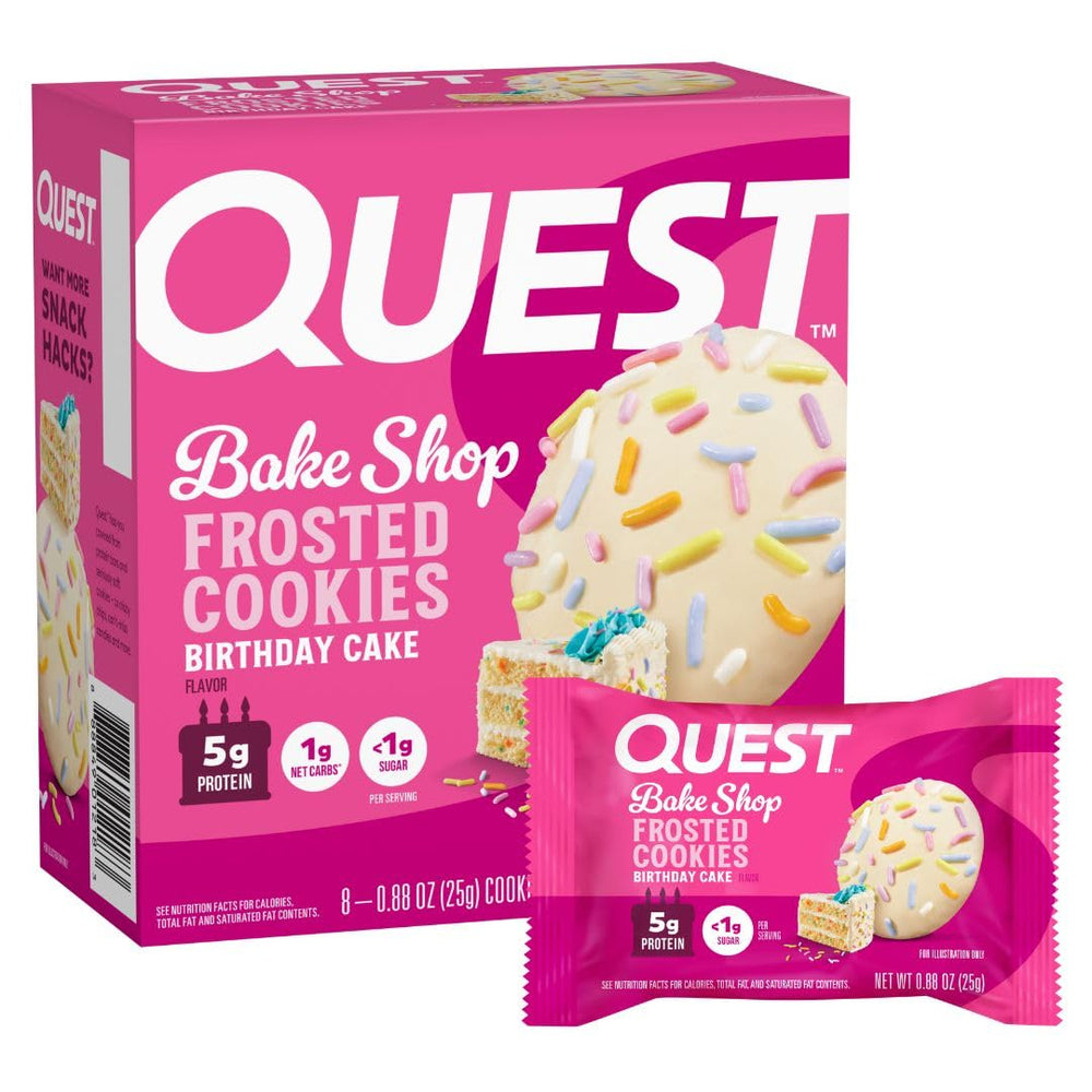 Quest Birthday Cake Frosted Cookies 8-count package, protein-forward snack.