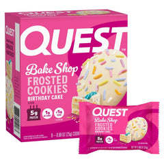 Quest Birthday Cake Frosted Cookies 8-count package, protein-forward snack.