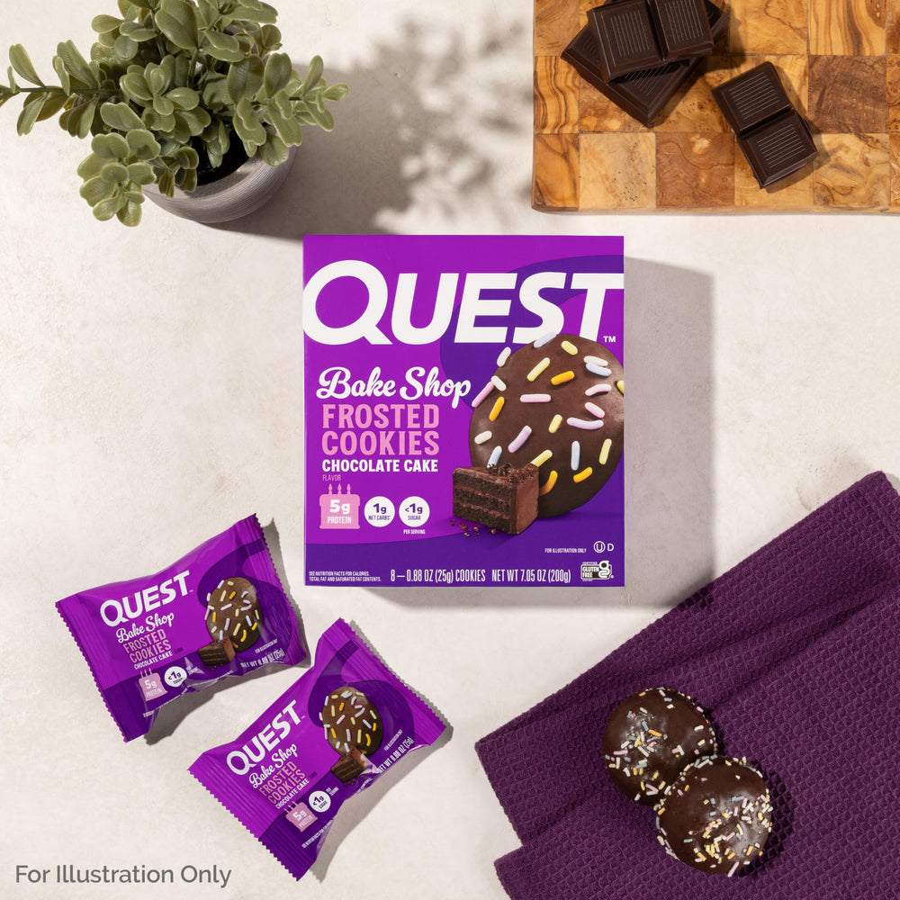 Quest Frosted Chocolate Cake cookie with 2g net carbs for mindful snacking