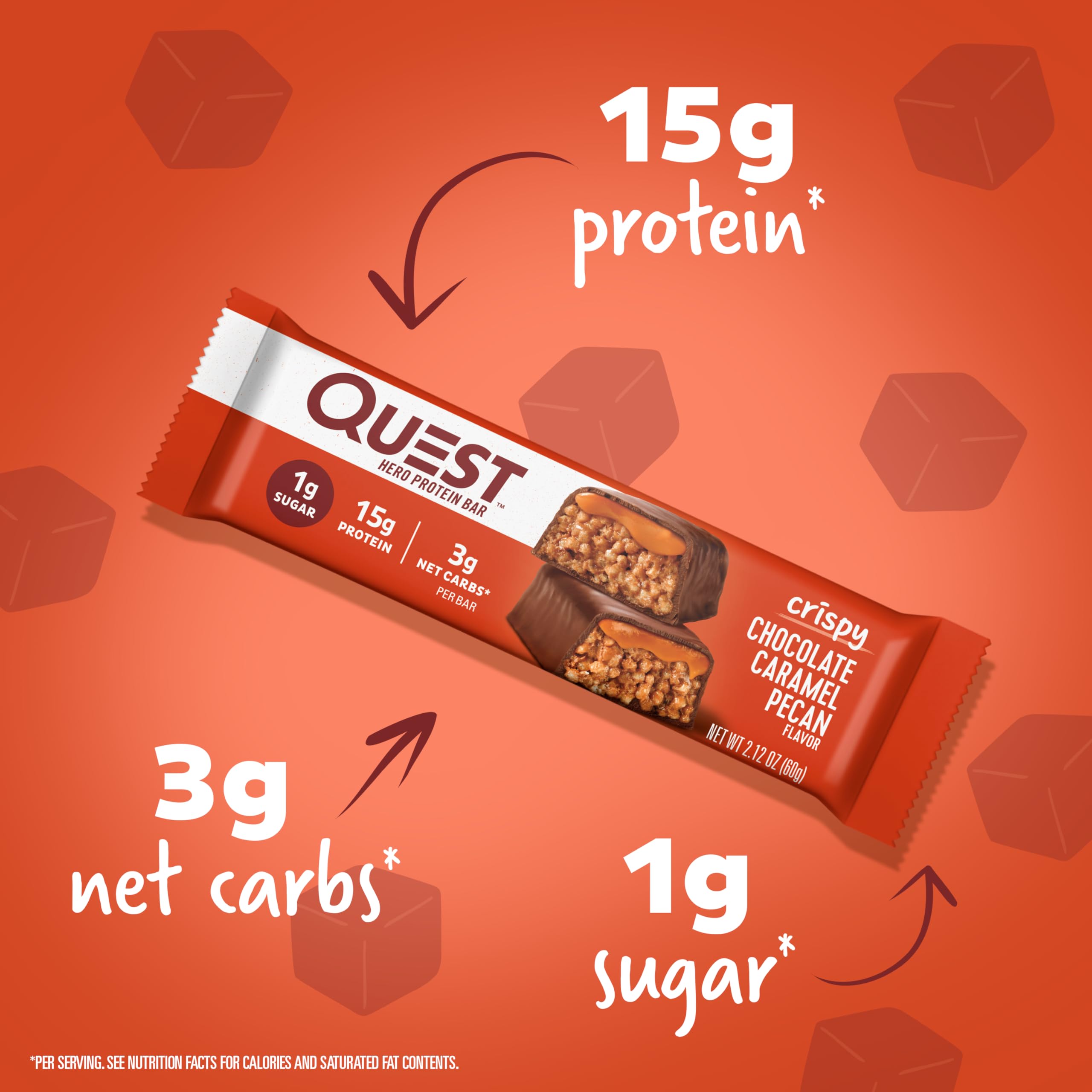 Quest bar cross-section reveals caramel and pecan layers.