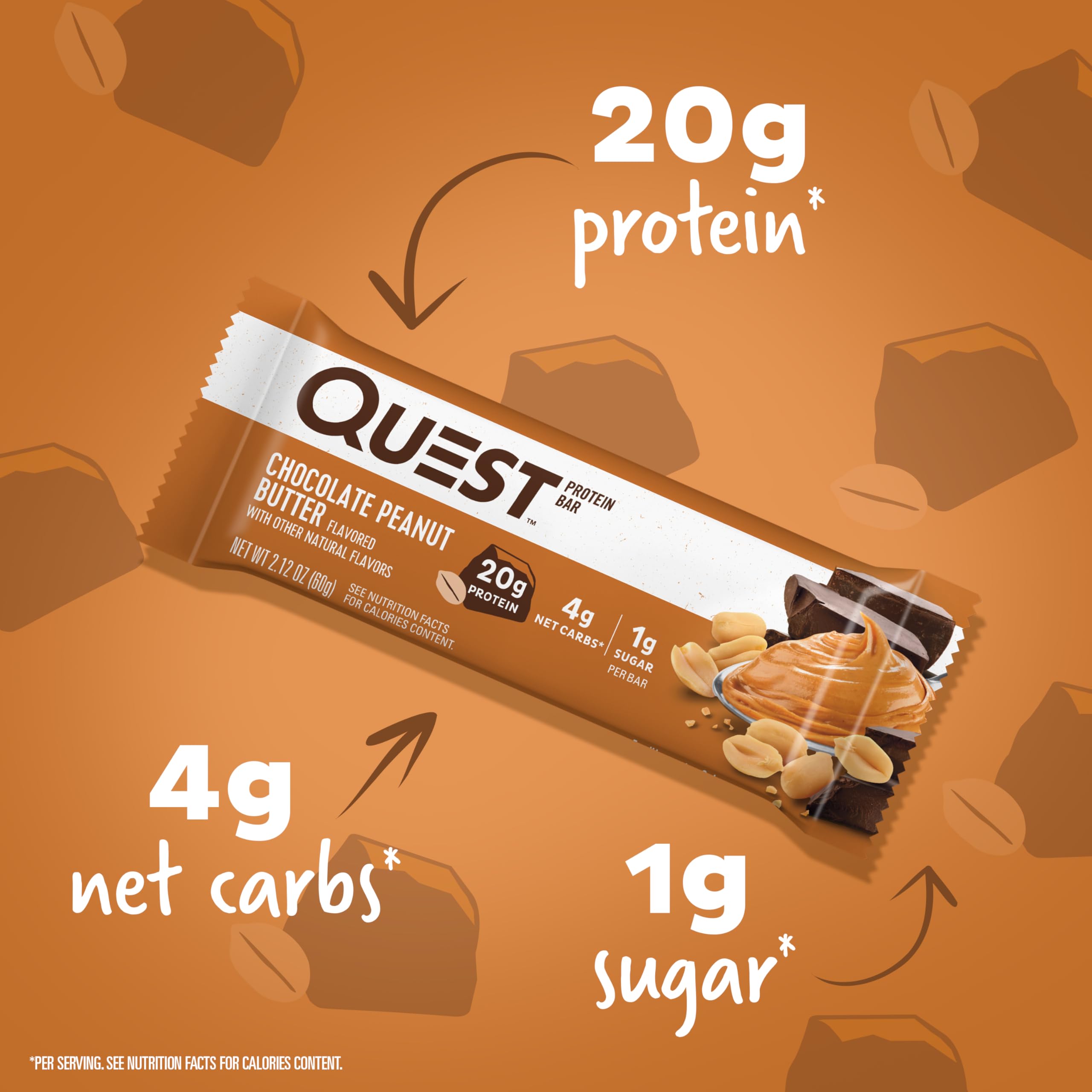 Quest Chocolate Peanut Butter Bar close-up shows rich flavor and creamy texture.