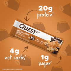 Quest Chocolate Peanut Butter Bar close-up shows rich flavor and creamy texture.