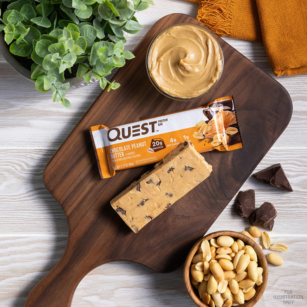 Quest Chocolate Peanut Butter Bar in backpack demonstrates on-the-go snack convenience.