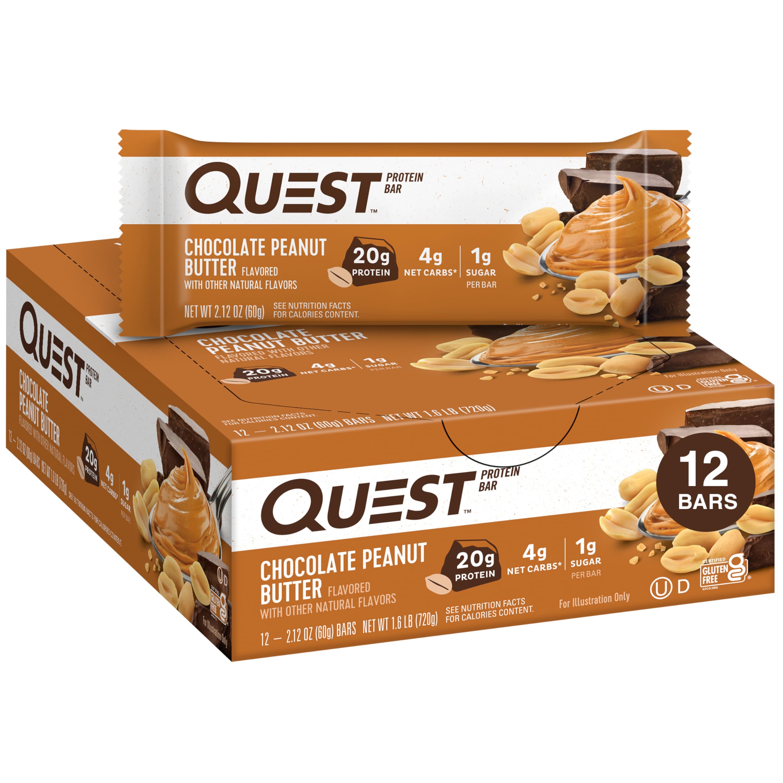 Quest Chocolate Peanut Butter Bar packaging showcases protein and fiber value.
