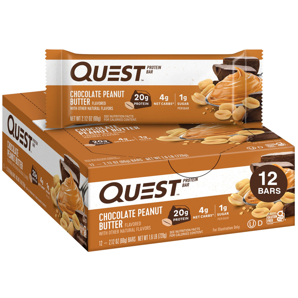 Quest Chocolate Peanut Butter Bar packaging showcases protein and fiber value.