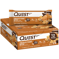 Quest Chocolate Peanut Butter Bar packaging showcases protein and fiber value.