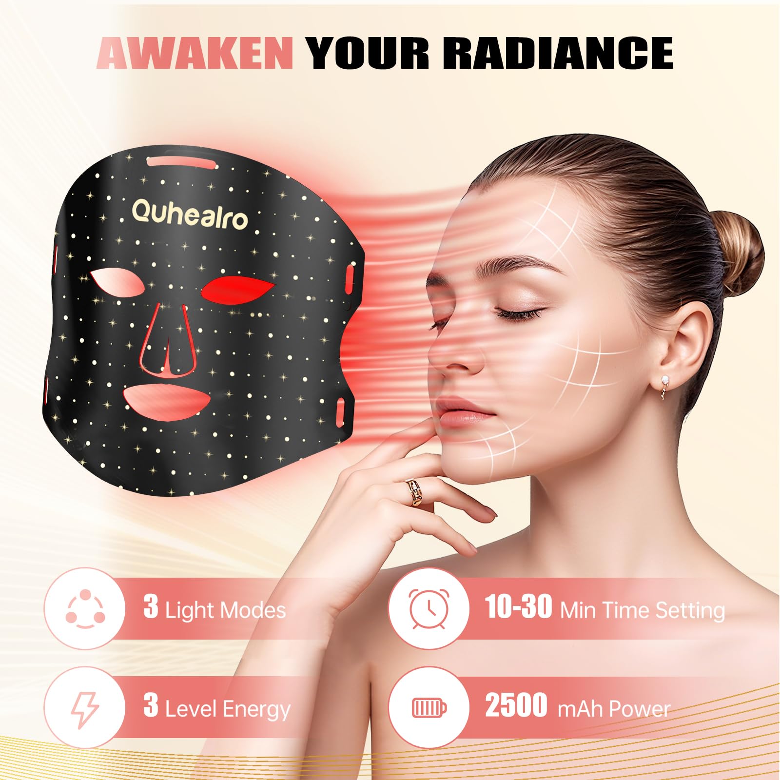 Quhealro mask with 2500mAh battery powering up to ten sessions per charge