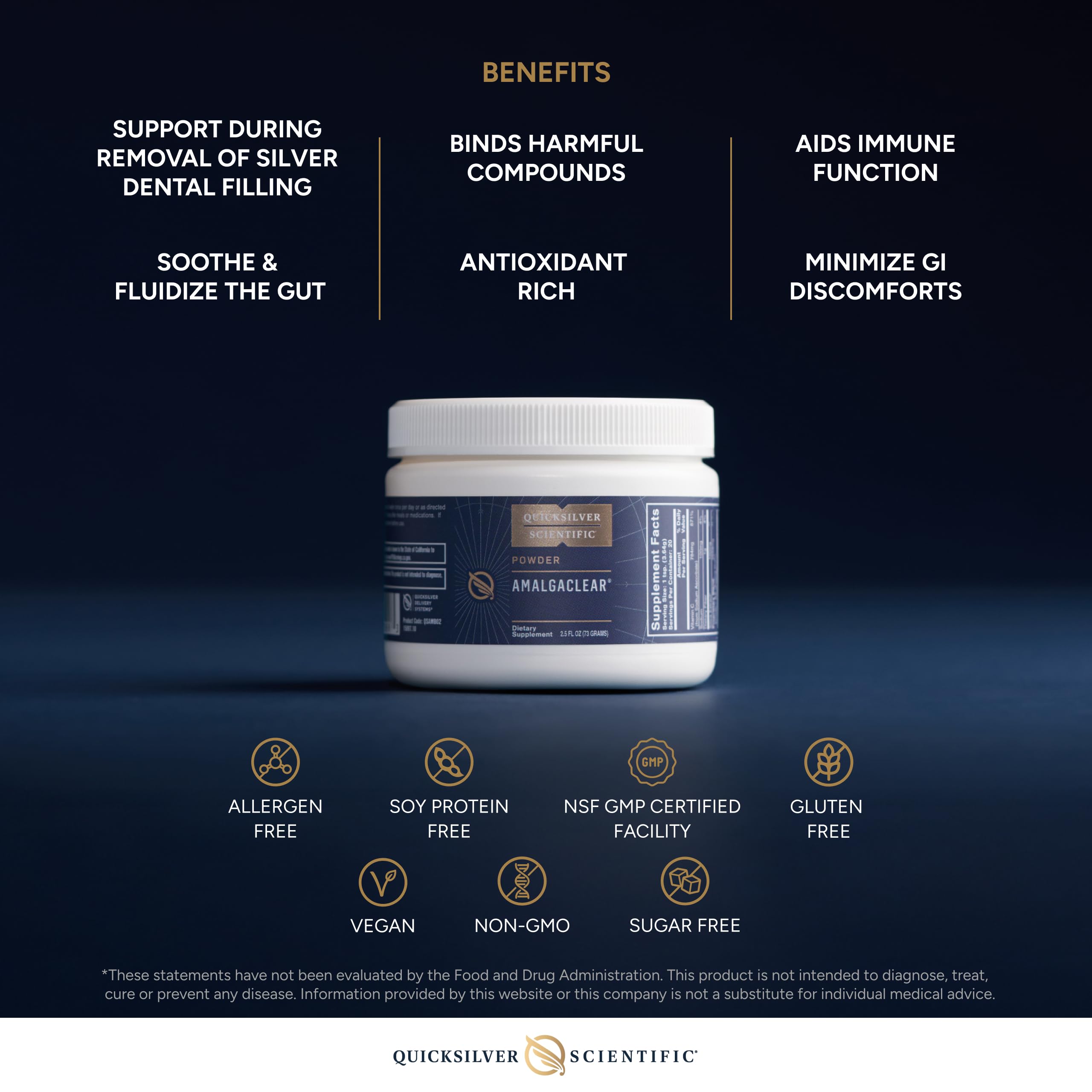 Quicksilver AmalgaClear acacia gum ingredient highlighting gut soothing support.