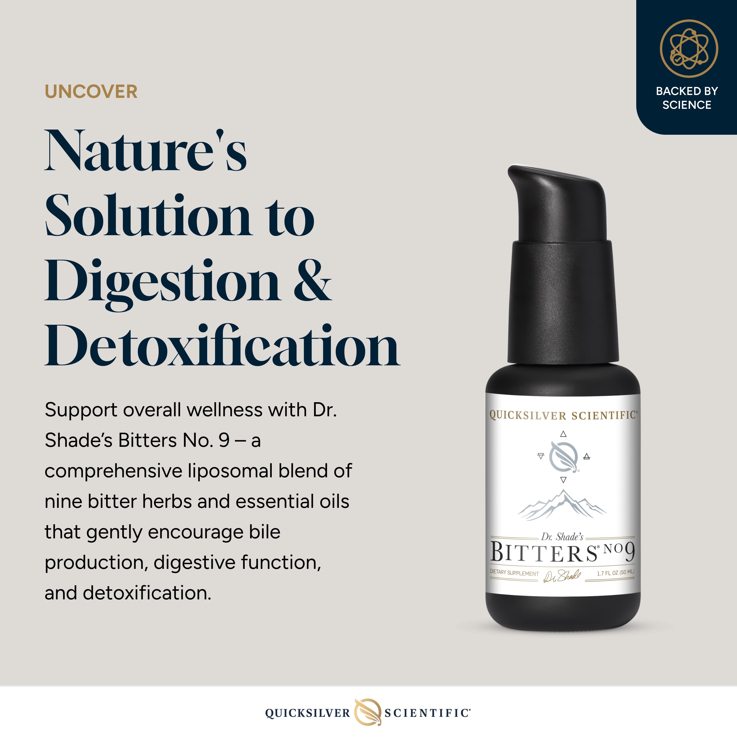 Quicksilver Dr. Shade's Bitters No. 9 bottle pour illustrating quick liposomal delivery.