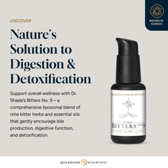Quicksilver Dr. Shade's Bitters No. 9 bottle pour illustrating quick liposomal delivery.