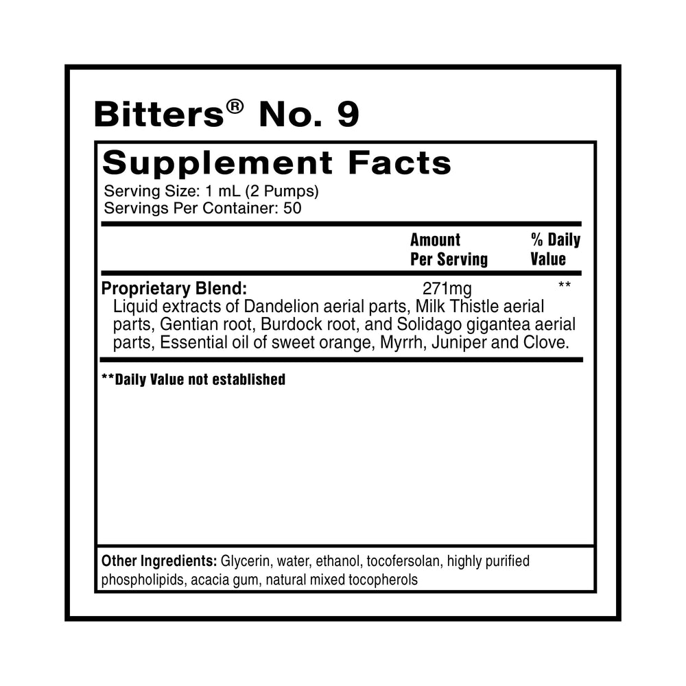 Quicksilver Dr. Shade's Bitters No. 9 ingredients close-up with nine herbs and oils.