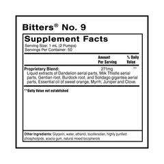 Quicksilver Dr. Shade's Bitters No. 9 ingredients close-up with nine herbs and oils.