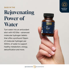 Quicksilver H2 Elite glass of water with bubbles highlighting fast hydrogen delivery.