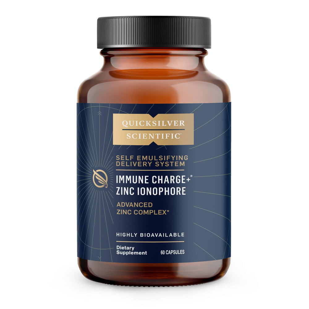 Quicksilver Immune Charge bottle front shows easy-to-swallow capsules for daily immune and gut support.