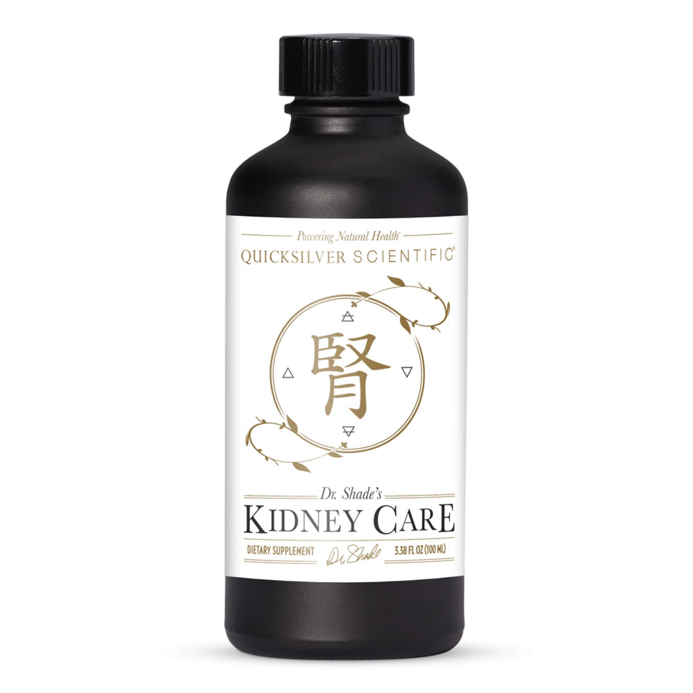 Quicksilver Kidney Care bottle closeup showing nanoemulsified formula for fast absorption