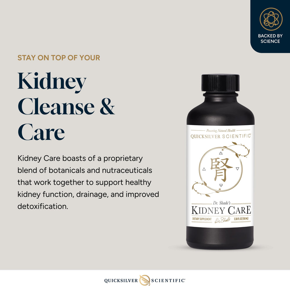 Quicksilver Kidney Care bottle pour demonstrating easy daily dosing with water
