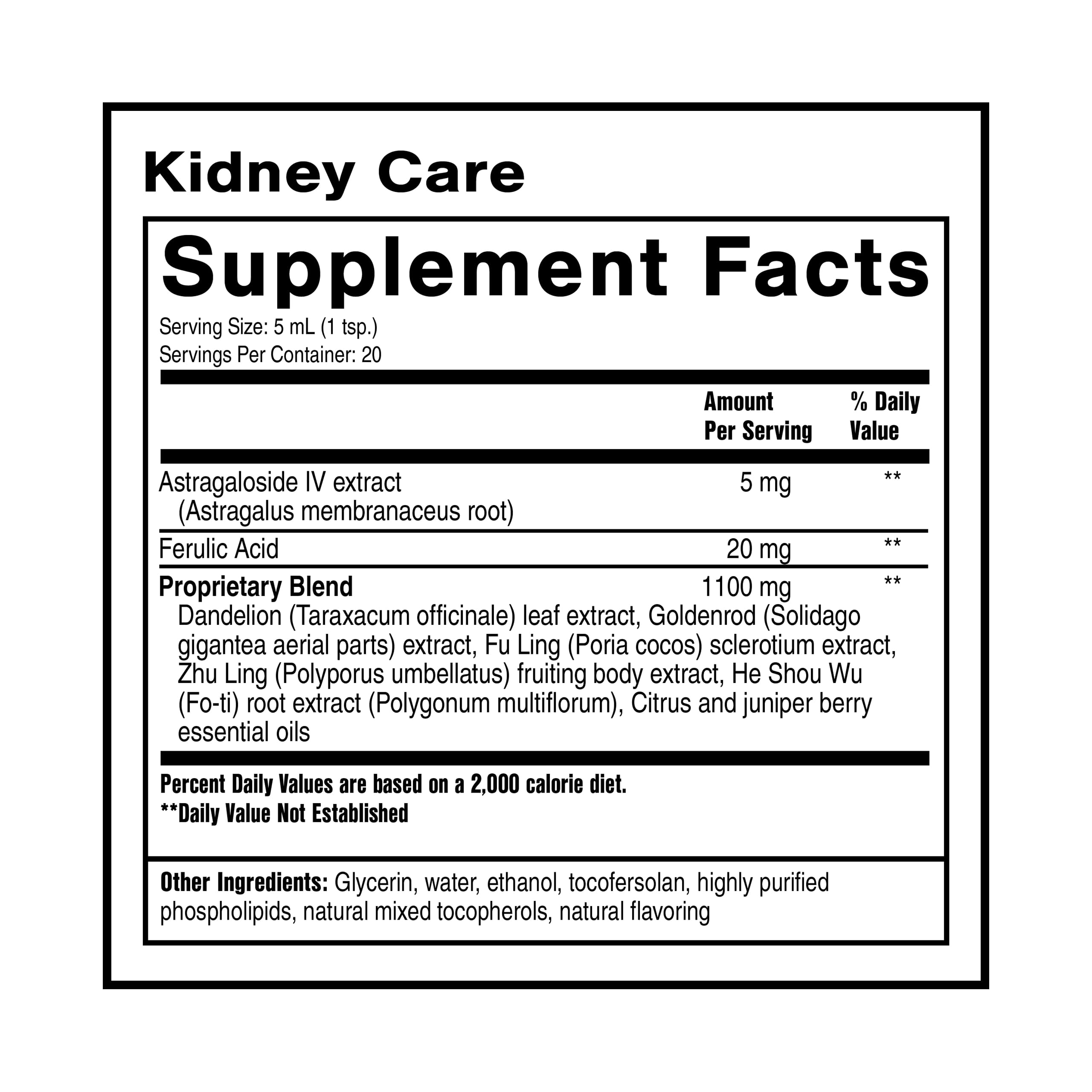 Quicksilver Kidney Care ingredients panel highlighting goldenrod dandelion leaf and astragaloside IV