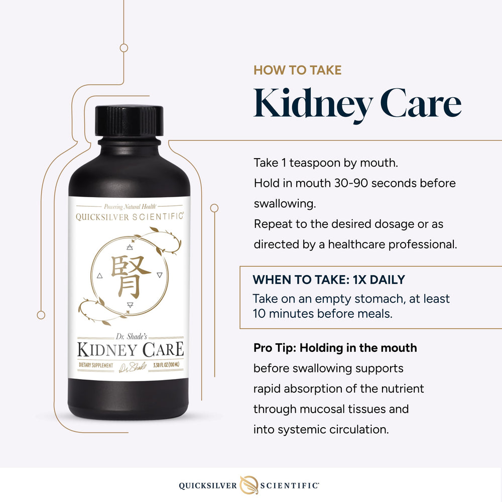 Quicksilver Kidney Care liquid in glass illustrating convenient dosing and use