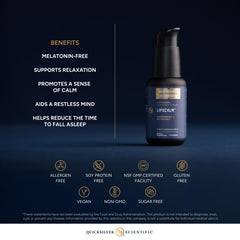 Quicksilver Lipocalm amber bottle on nightstand ready for bedtime calm.