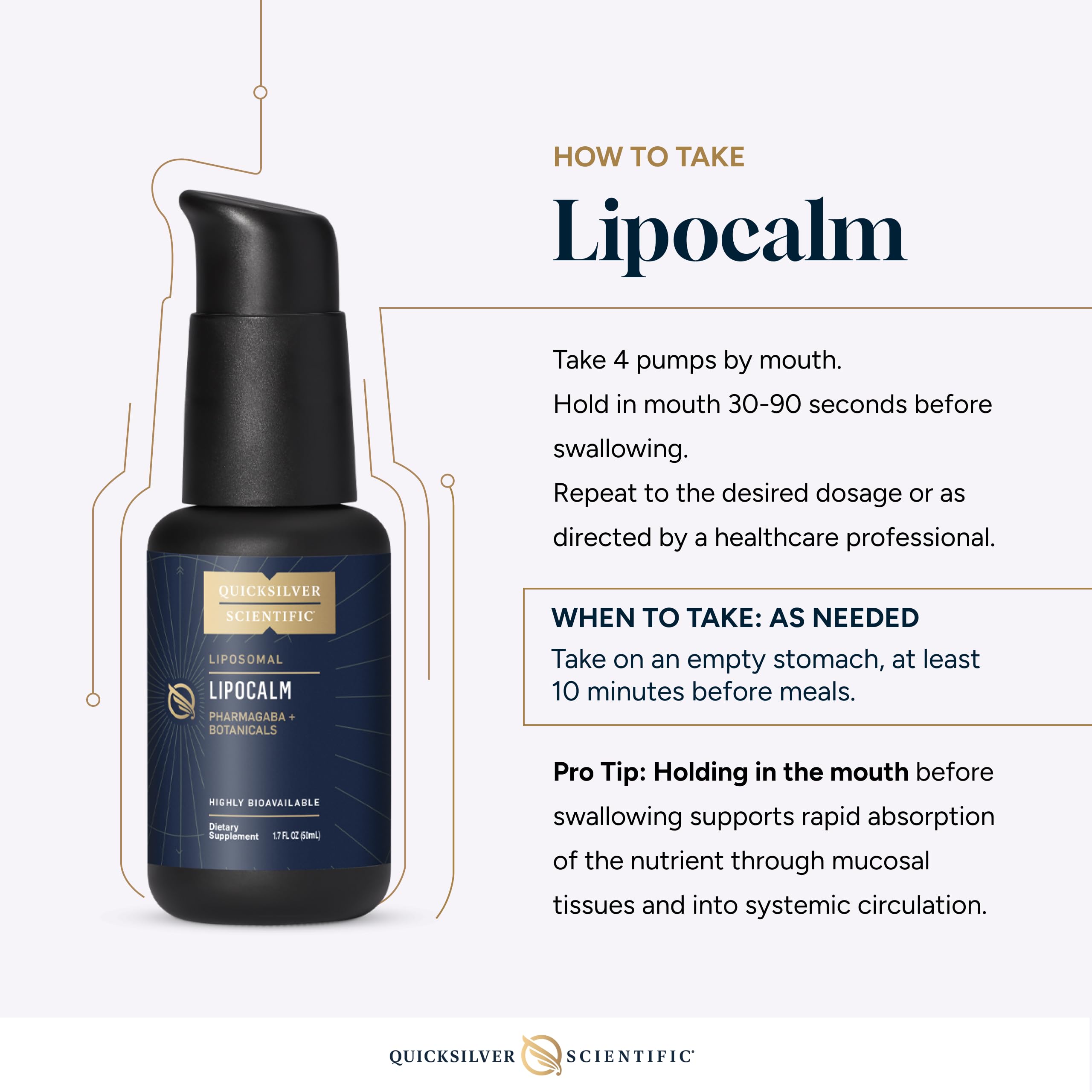 Quicksilver Lipocalm vegan and non-GMO formula shown for clean ingredients.