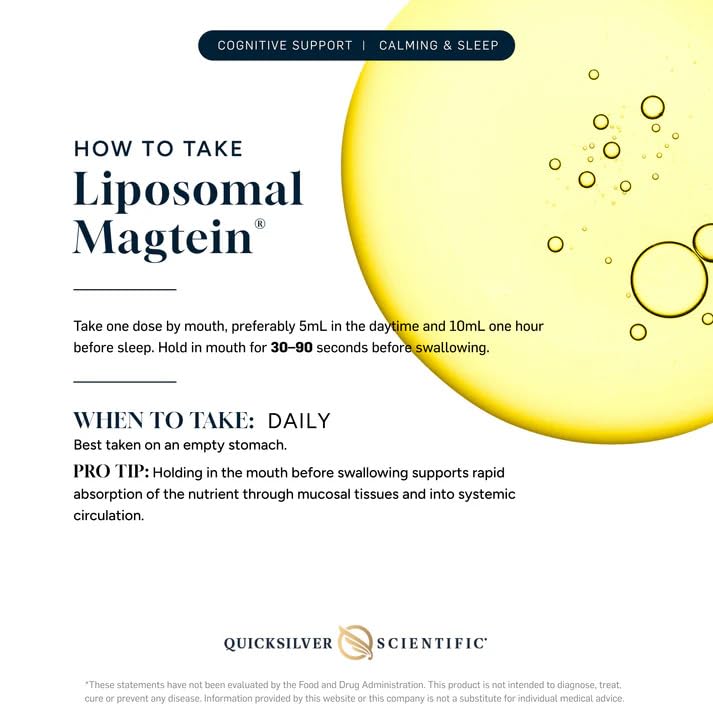 Quicksilver Liposomal Magtein dosage dropper shows an allergen-free, vegan formulation for easy daily use.