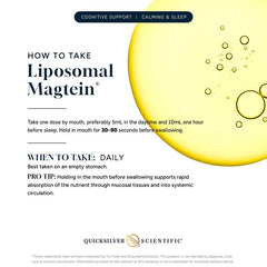 Quicksilver Liposomal Magtein dosage dropper shows an allergen-free, vegan formulation for easy daily use.