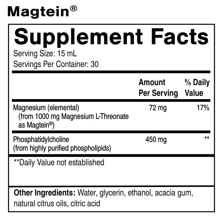 Quicksilver Liposomal Magtein label highlights 1,000 mg magnesium L-threonate per serving.