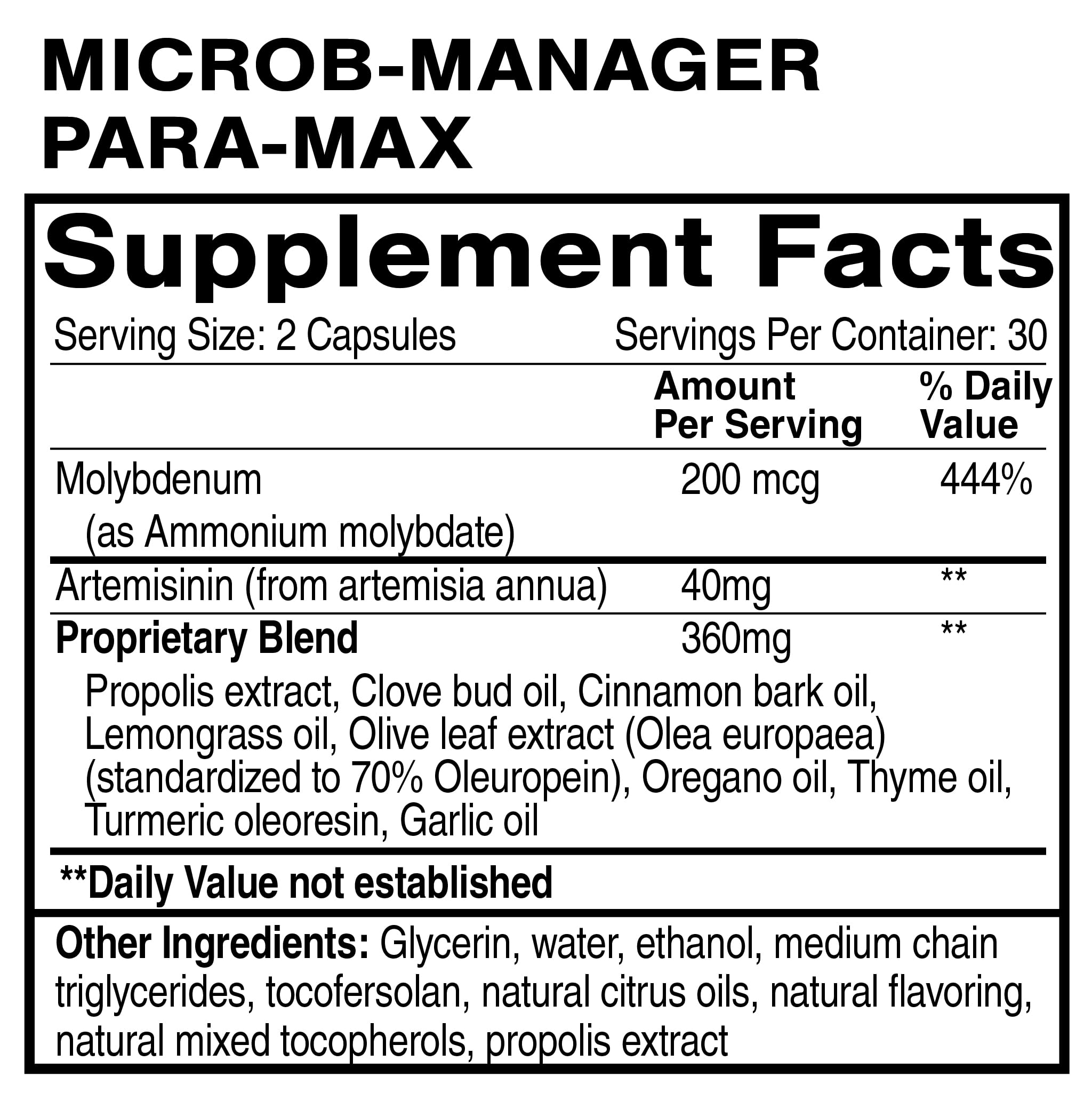 Quicksilver Microb-Manager Para-Max label detail emphasizing botanical defense