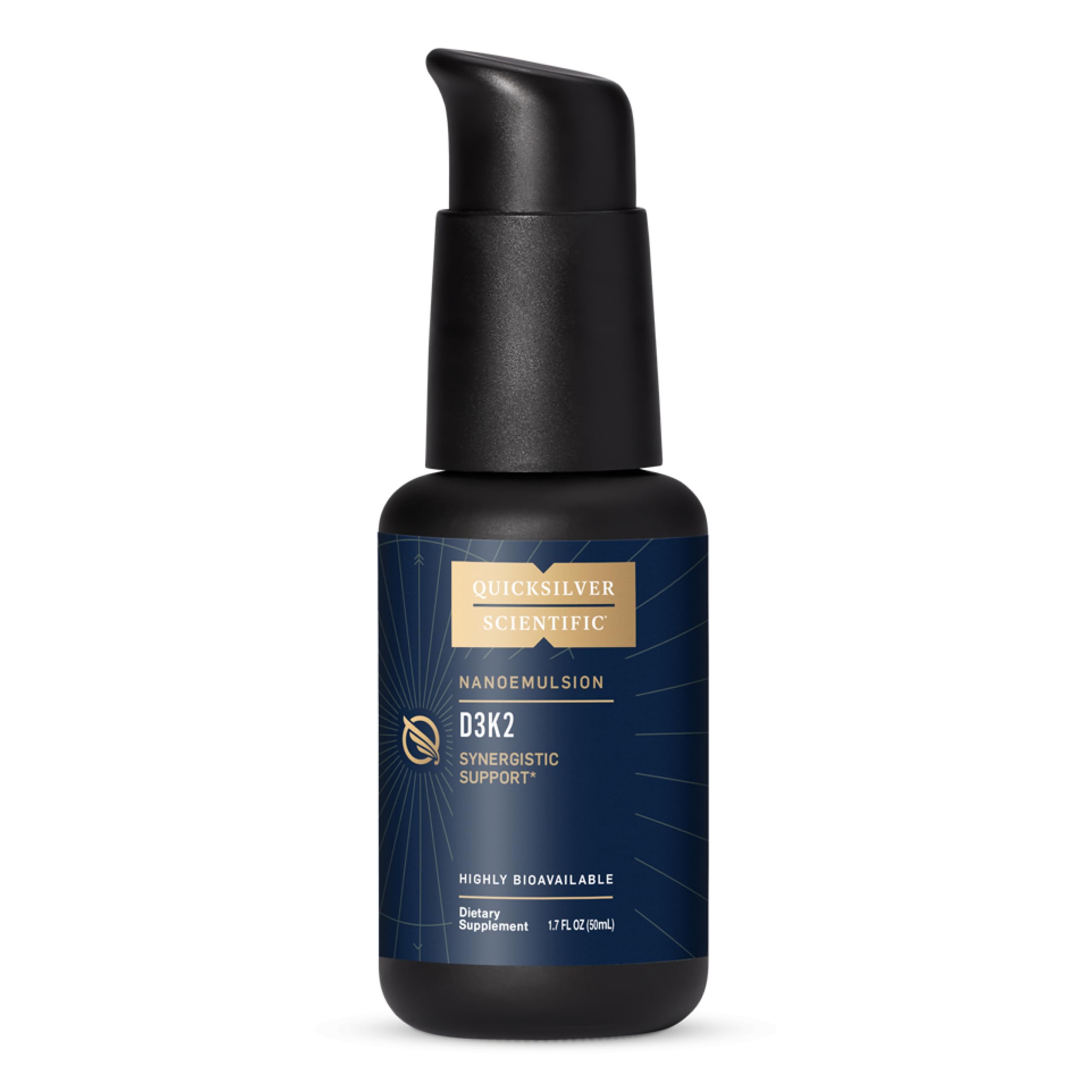 Quicksilver Nanoemulsified D3K2 bottle pour illustrating easy dosing and absorption