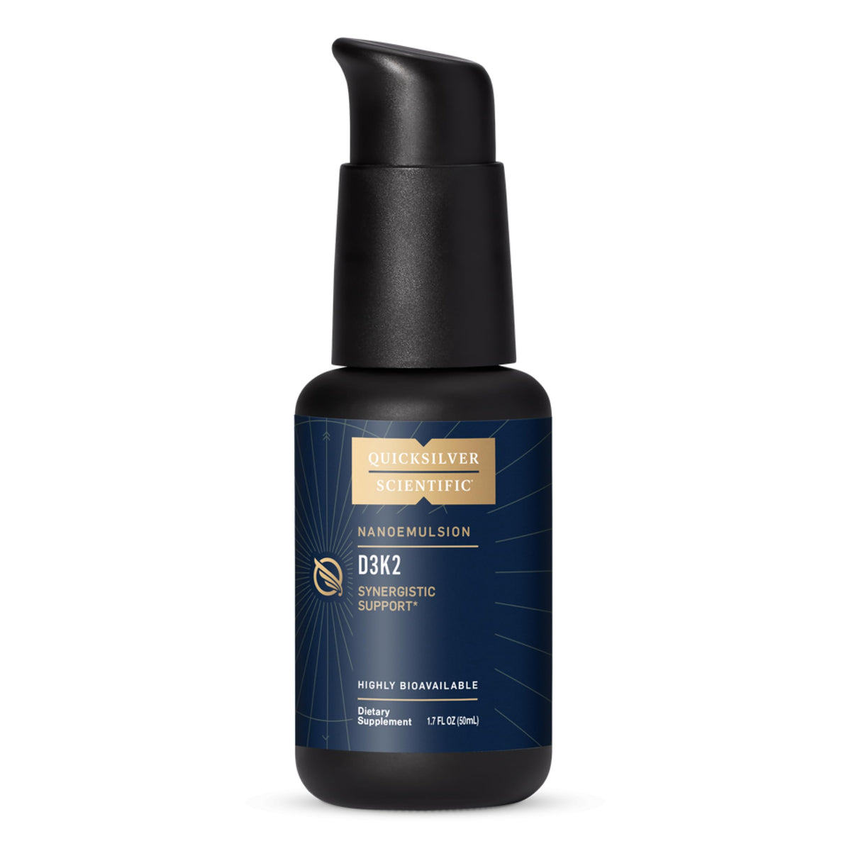 Quicksilver Nanoemulsified D3K2 bottle pour illustrating easy dosing and absorption