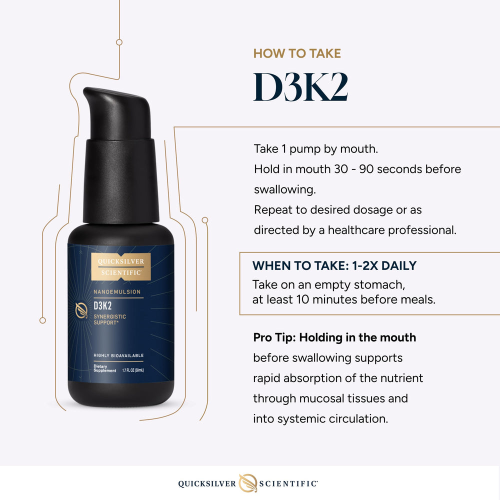 Quicksilver Nanoemulsified D3K2 packaging box shows serving size and servings