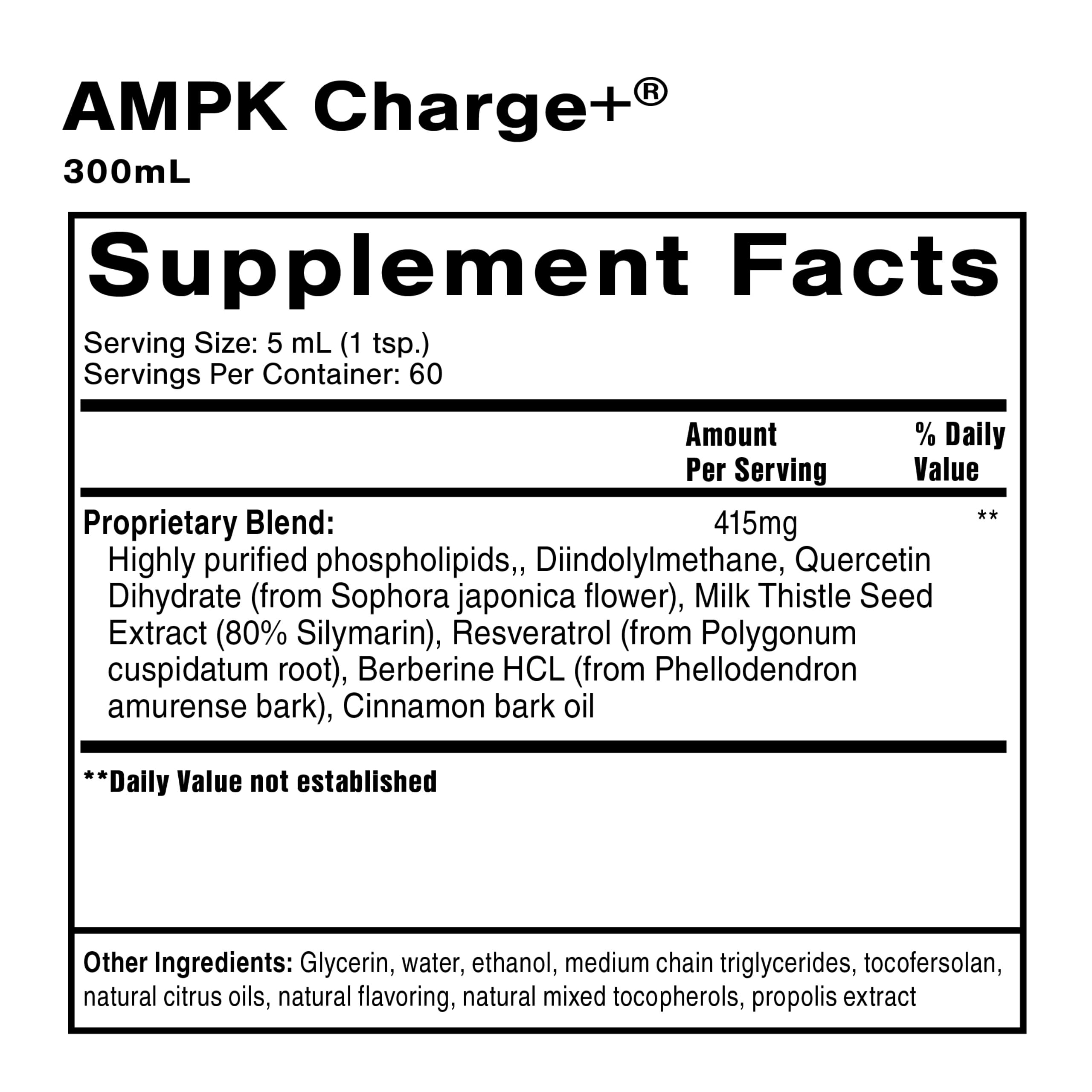 Quicksilver AMPK Charge+ bottle with dispensing cap for easy daily use and dosing.