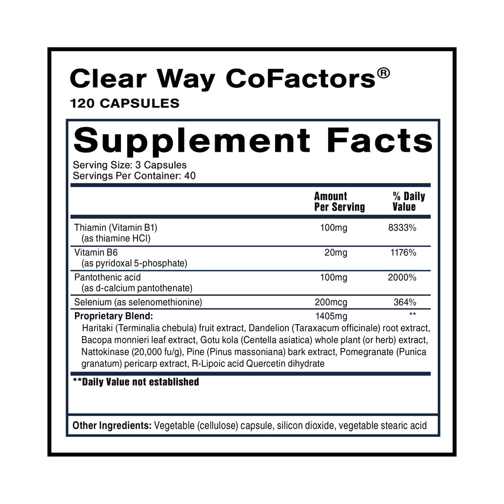 Close-up of Clear Way Cofactors capsules highlighting B vitamins and nattokinase