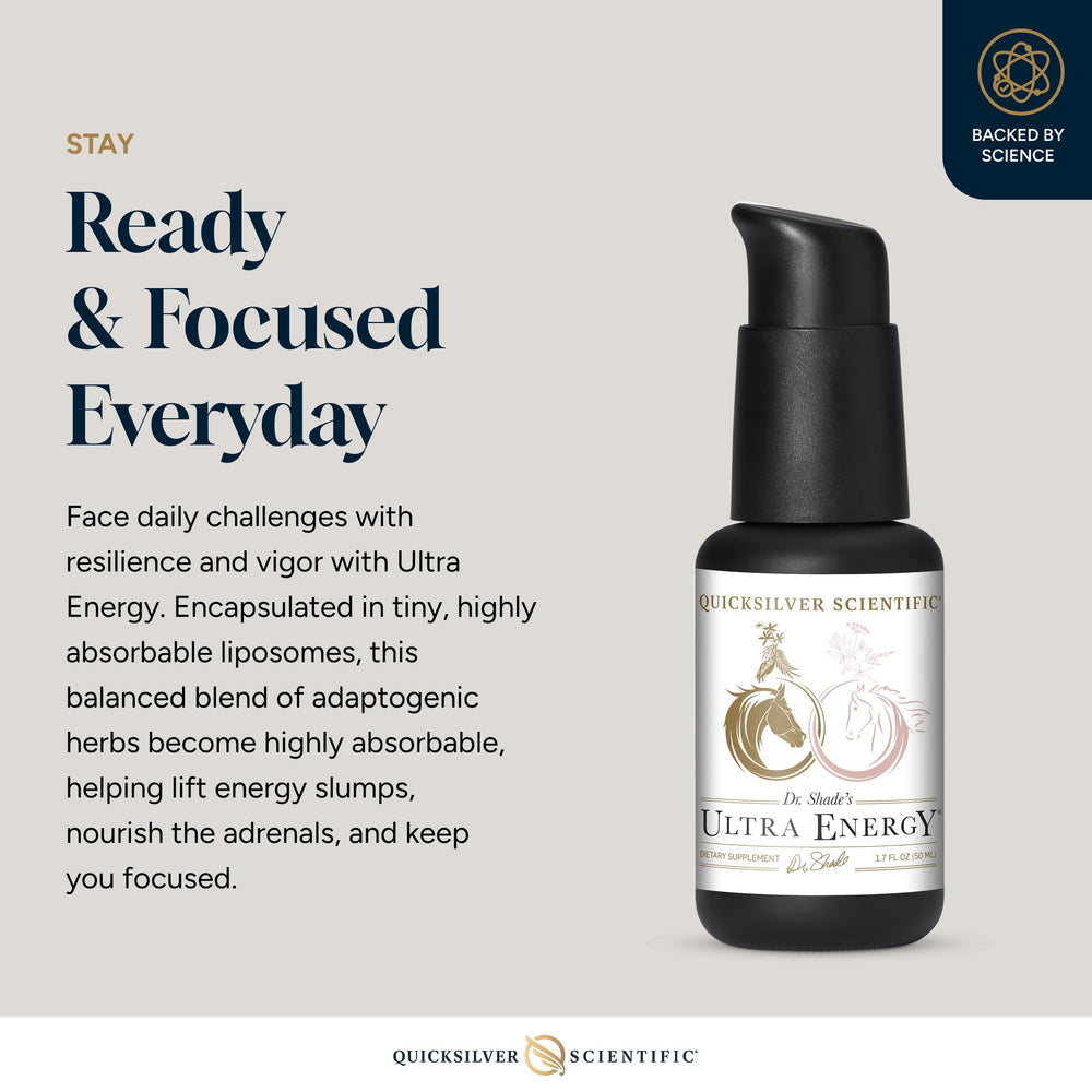 Quicksilver Scientific Dr. Shade's Ultra Energy label closeup shows clear ingredient details.