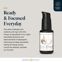 Quicksilver Scientific Dr. Shade's Ultra Energy label closeup shows clear ingredient details.