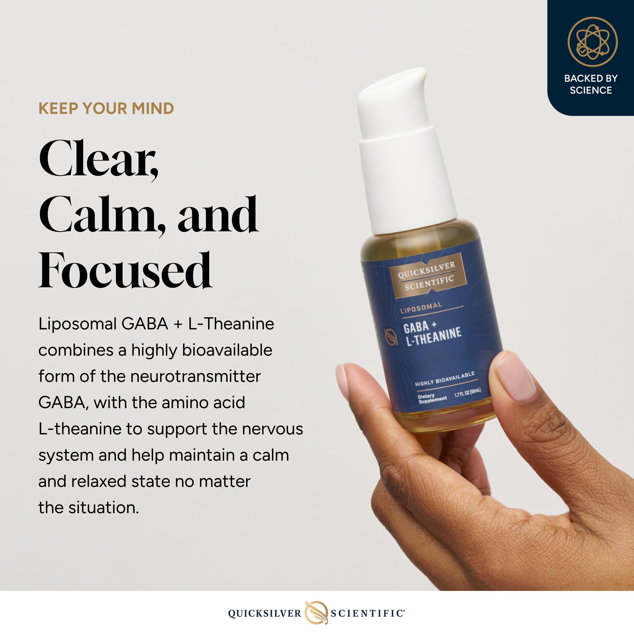 Quicksilver Scientific liposomal GABA + L-Theanine label detail shows packaging information.