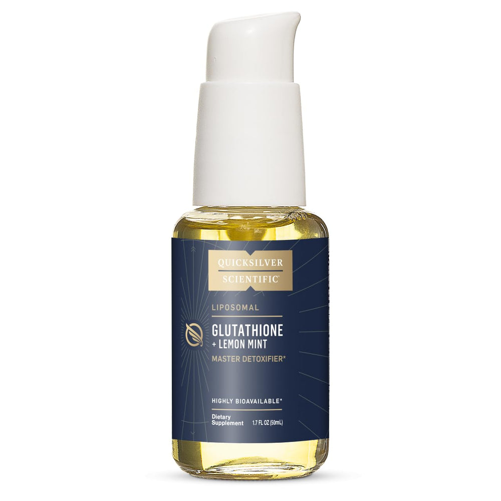 Quicksilver Scientific liposomal glutathione bottle ready for daily supplementation.