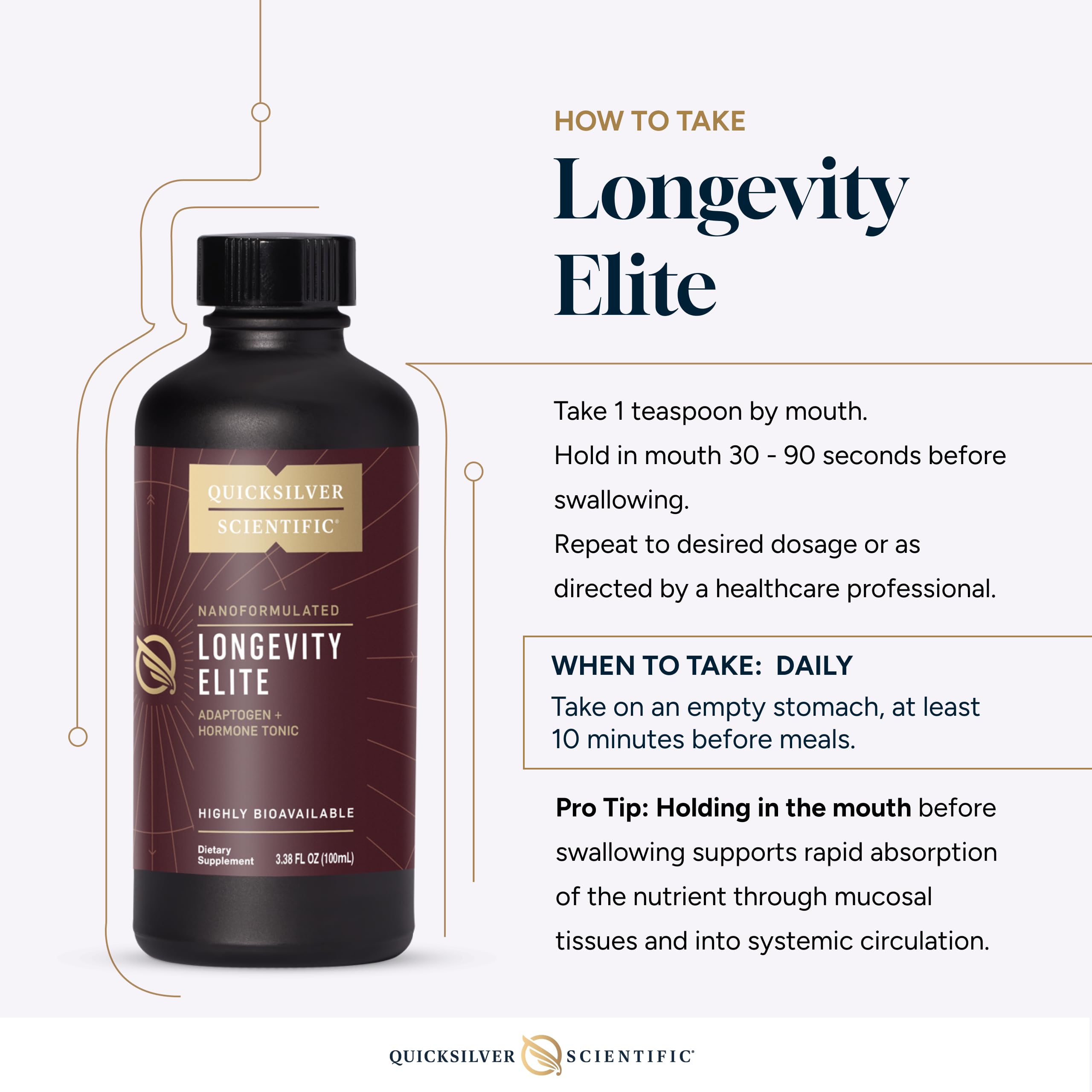 Quicksilver Scientific Longevity Elite ingredients panel lists adaptogens and pregnenolone.