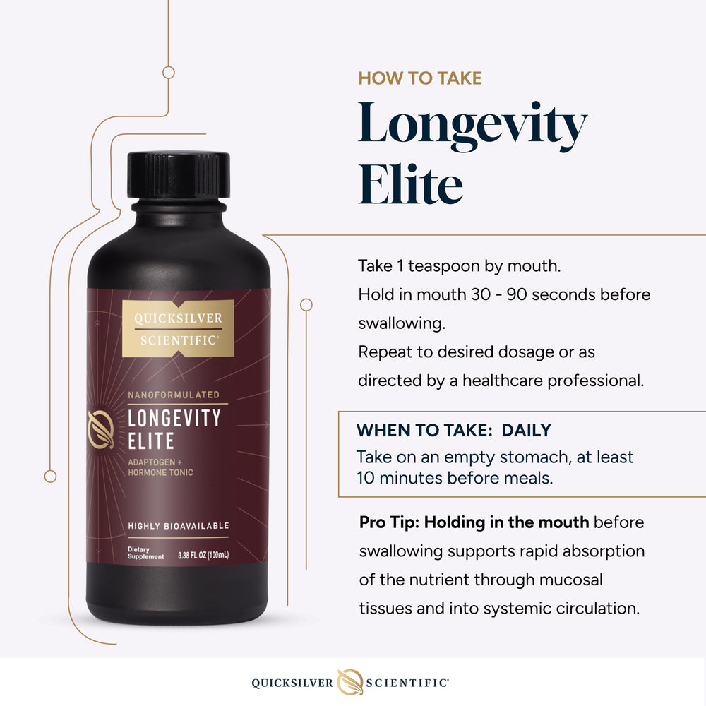 Quicksilver Scientific Longevity Elite ingredients panel lists adaptogens and pregnenolone.