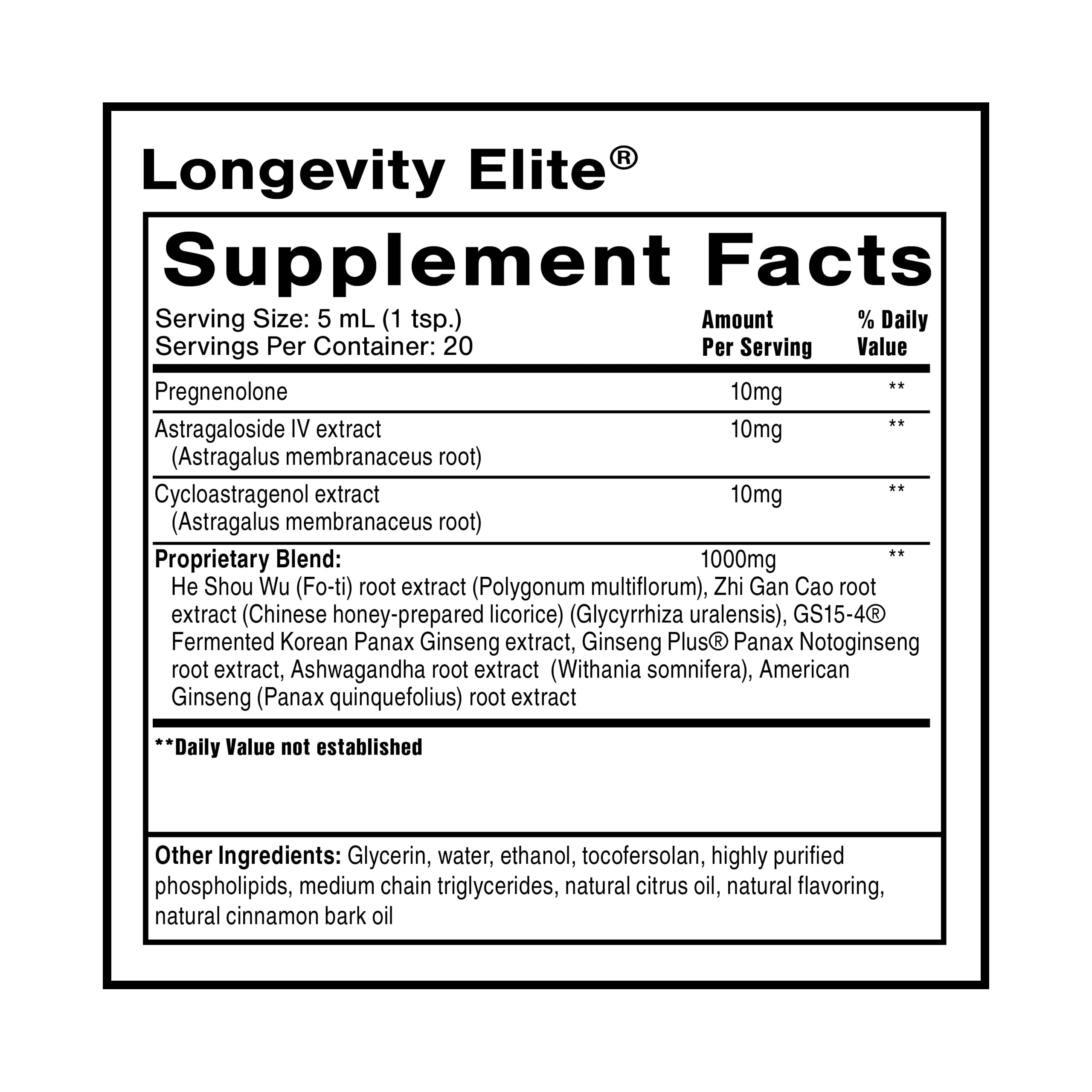 Quicksilver Scientific Longevity Elite label closeup highlights the liposomal formula.