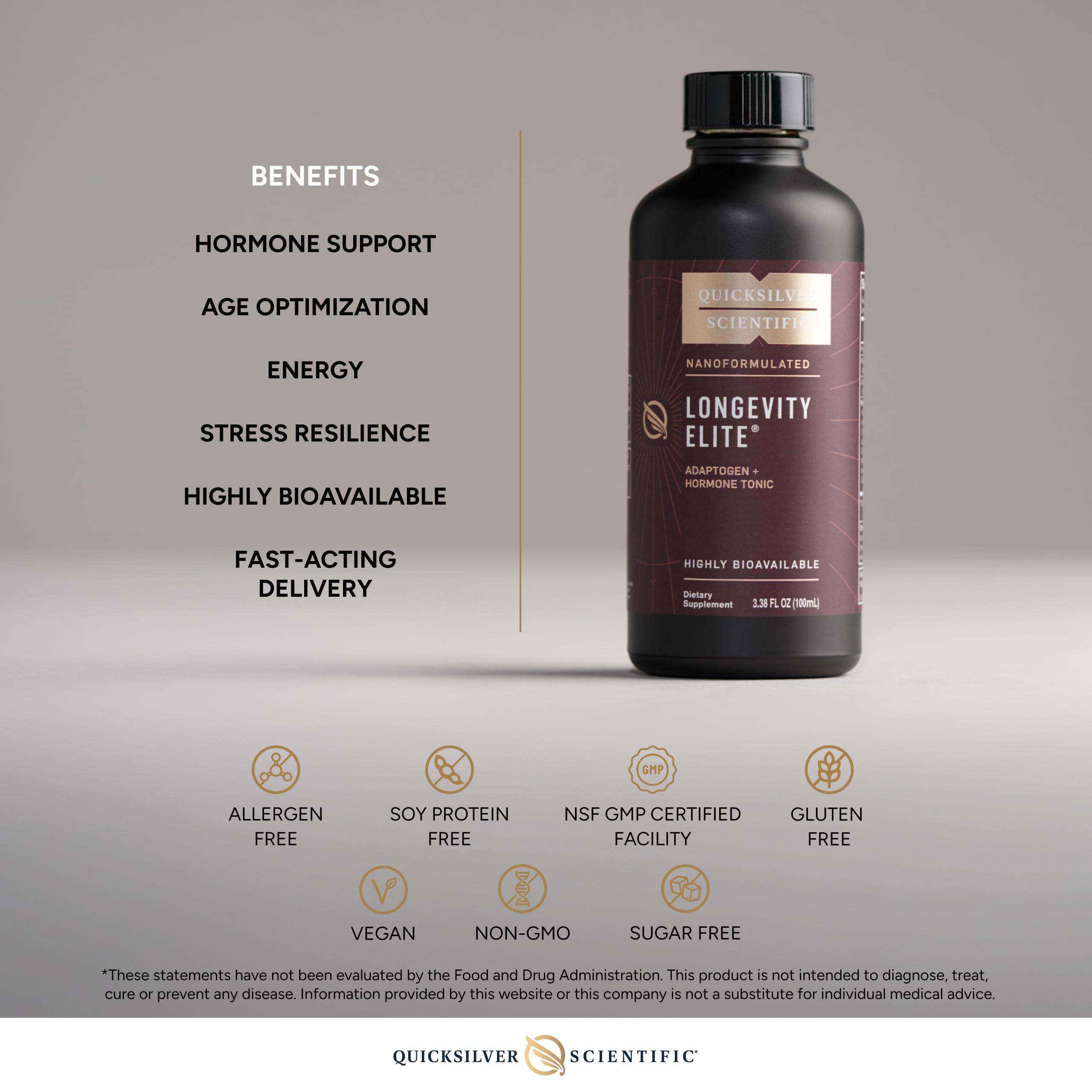 Quicksilver Scientific Longevity Elite oral drops for quick absorption.