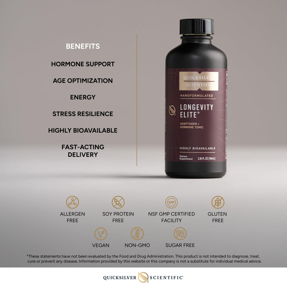 Quicksilver Scientific Longevity Elite oral drops for quick absorption.
