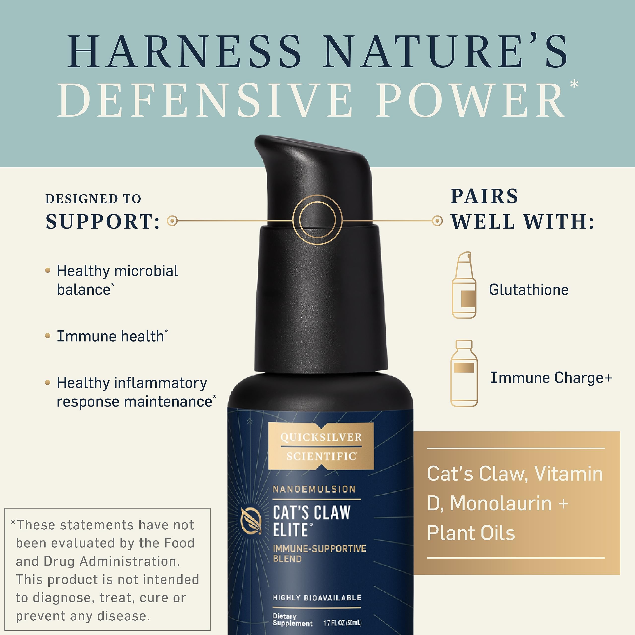 Quicksilver Scientific nanoemulsified cat's claw label highlighting vitamin D and monolaurin components