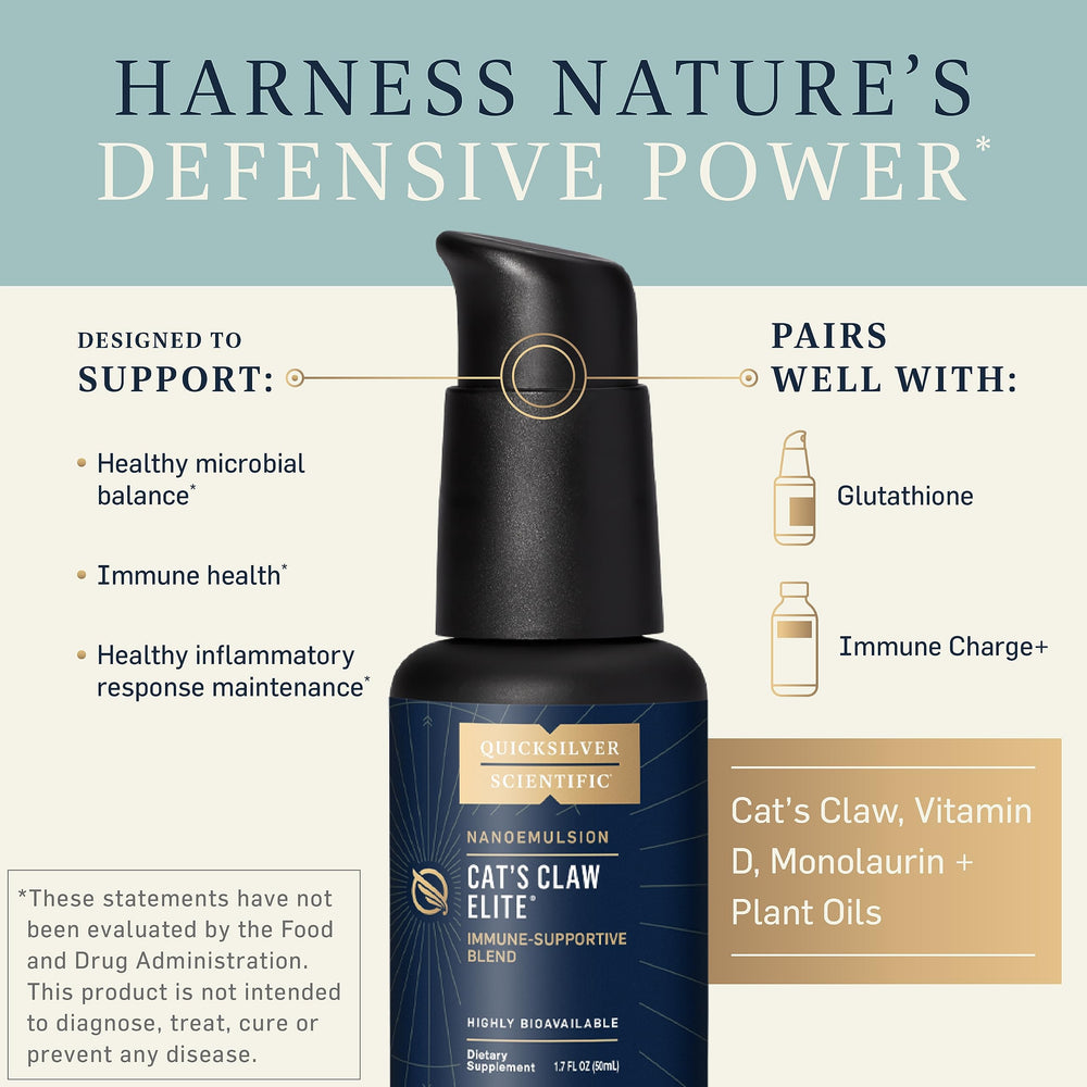 Quicksilver Scientific nanoemulsified cat's claw label highlighting vitamin D and monolaurin components