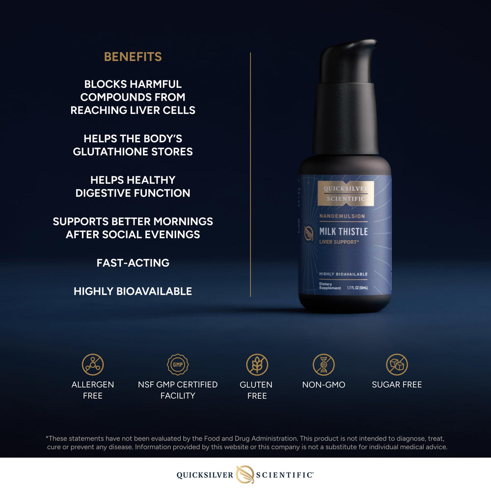 Quicksilver Scientific nanoemulsified milk thistle pour—easy daily use.
