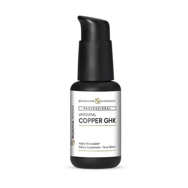 Quicksilver Scientific Oral Liposomal Copper GHK bottle highlighting rapid absorption.