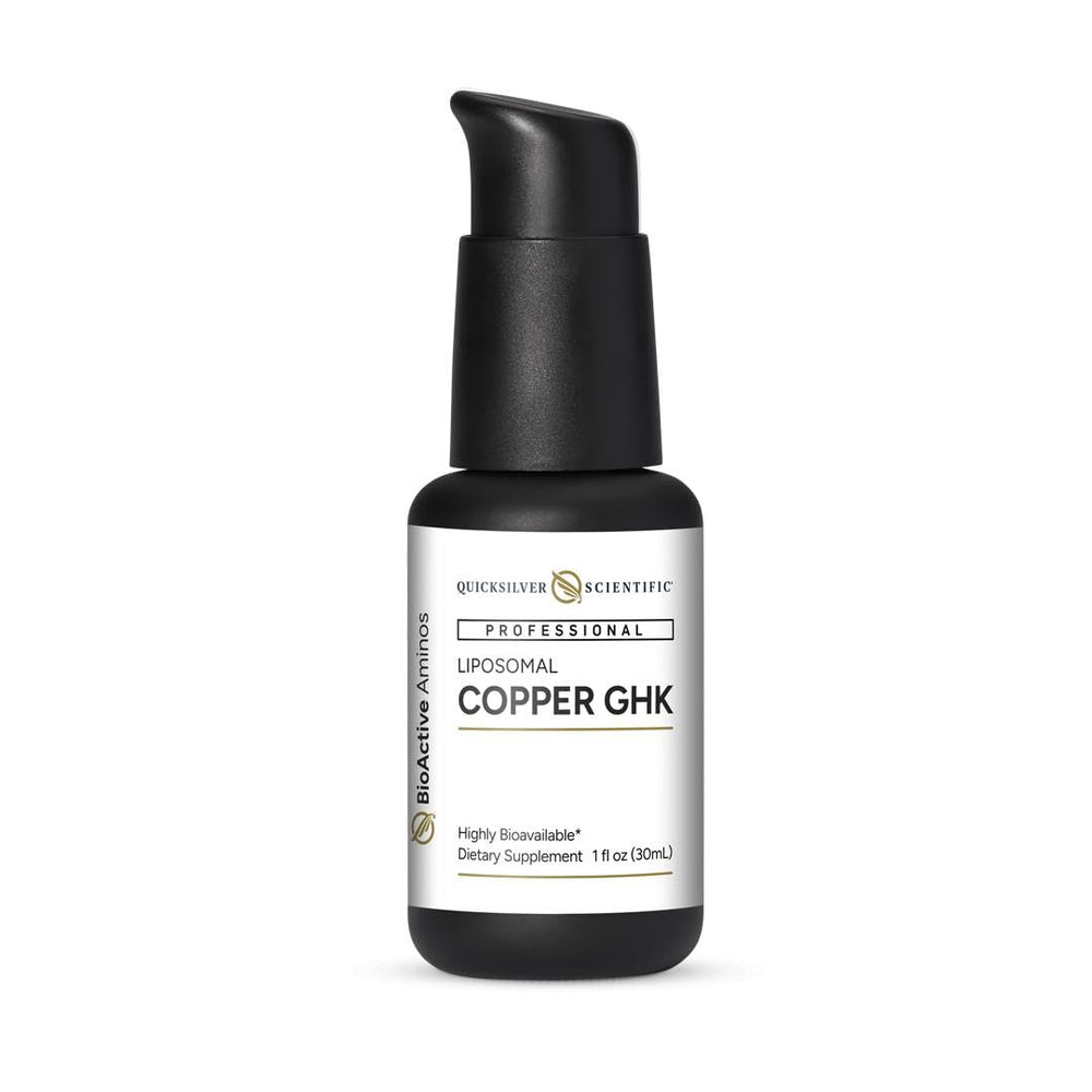 Quicksilver Scientific Oral Liposomal Copper GHK bottle highlighting rapid absorption.