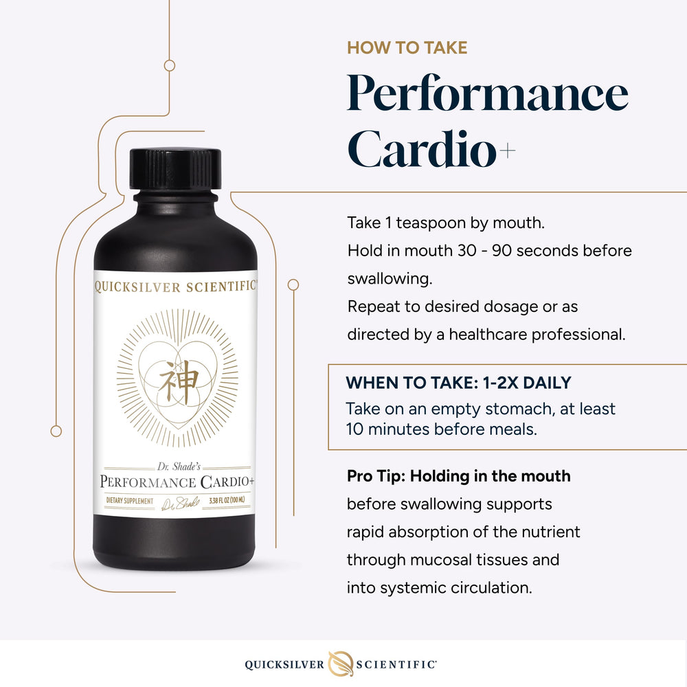 Quicksilver Scientific Performance Cardio+ bottle on wood conveys premium circulation support.